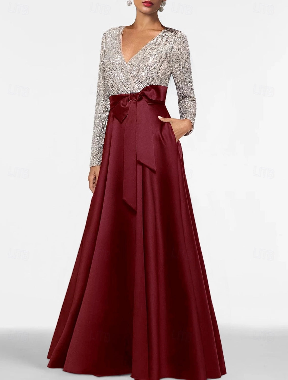 Two Tone A-Line V Neck Long Sleeve Round Back Floor Length Mother Of The Bride Dress