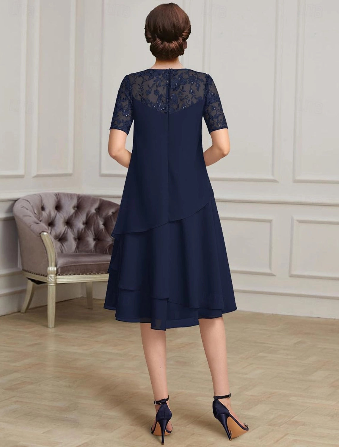 Navy Blue A-Line Round Neck Short Sleeve Illusion Back Midi Mother Of The Bride Dress