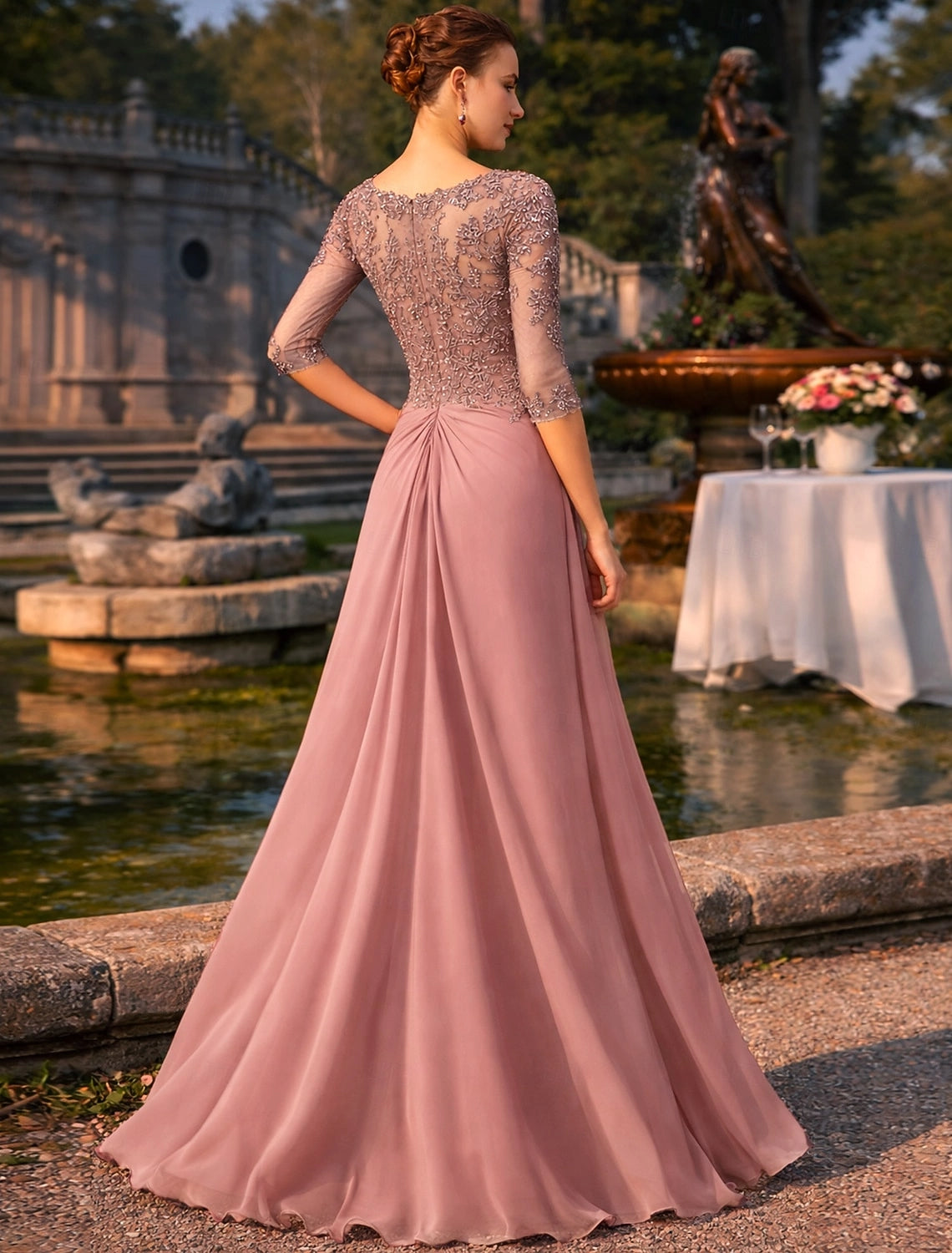 Dusty Rose Mermaid V-Neck Elbow Sleeve Illusion Back Floor-Length Mother Of The Bride Dress