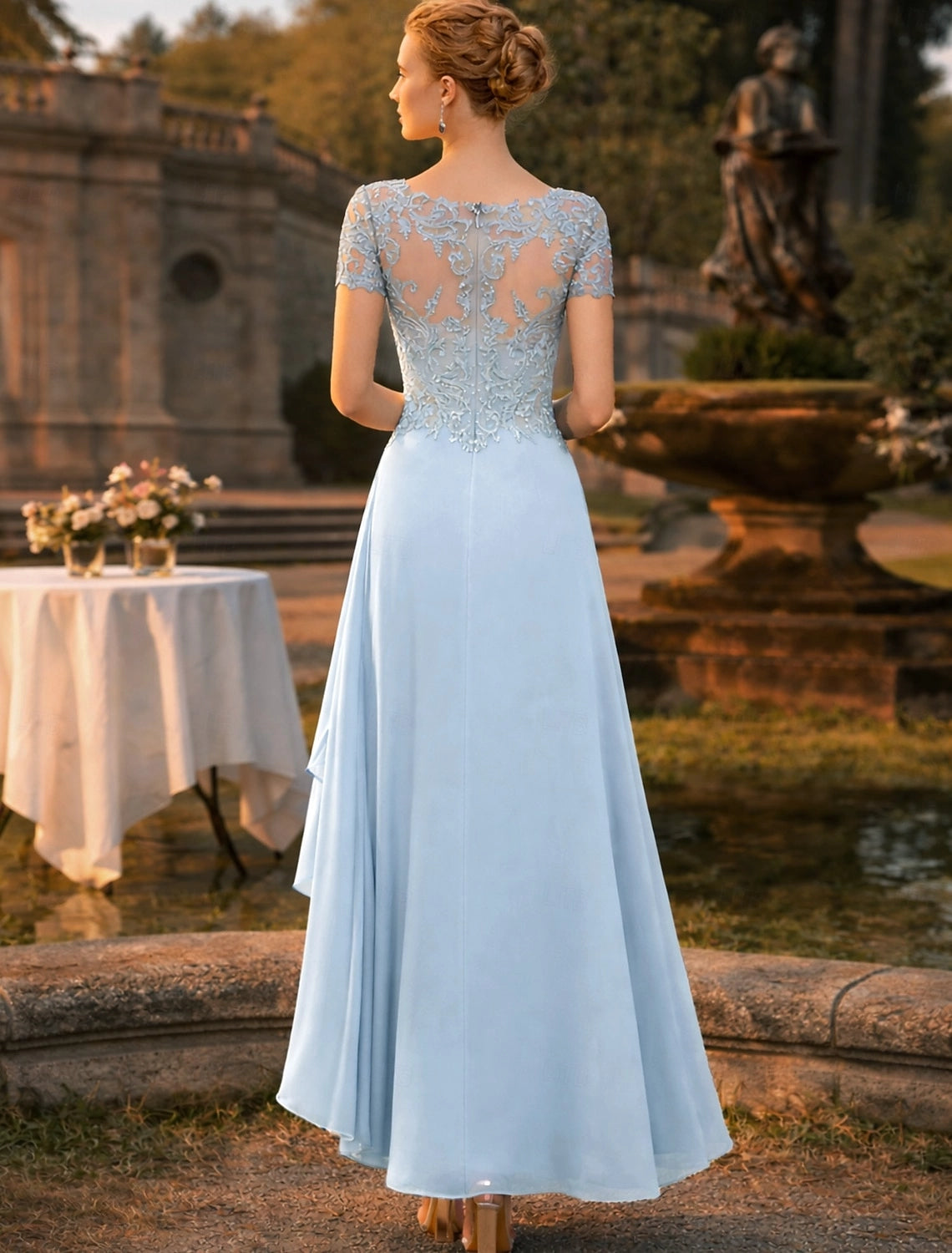 Light Blue A-Line V-Neck Short Sleeve Illusion Back High Low Mother Of The Bride Dress