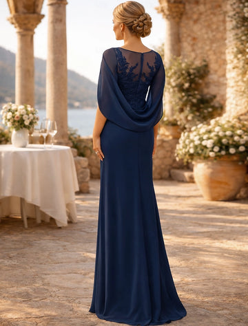 Navy Blue Sheath Bateau Neck Cape Sleeve Illusion Back Floor-Length Mother Of The Bride Dress