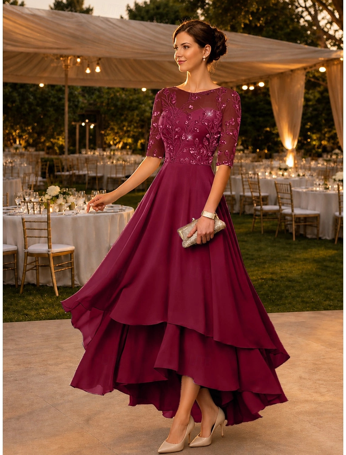 Dusty Lilac A-Line Round Neck Elbow Sleeve Illusion Back High Low Mother Of The Bride Dress