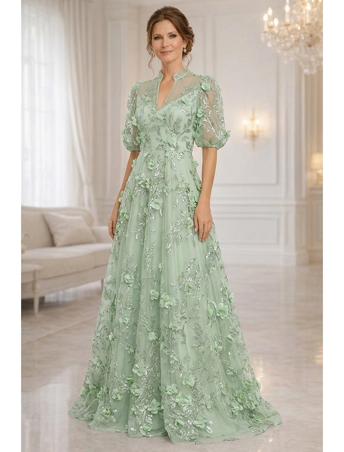 Light Blue A-Line High Neck Puff Sleeve Illusion Back Floor-Length Mother Of The Bride Dress