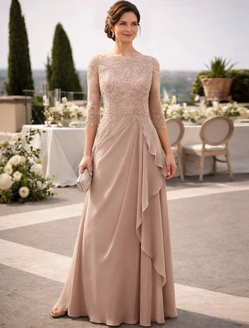 Vedress taupe lace bateau neck a-line floor length mother of the bride dress elbow sleeve chiffon gown