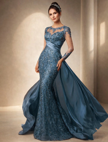 Vedress dusty blue beaded lace mermaid mother of the bride dress illusion neck long sleeve formal gown with detachable train