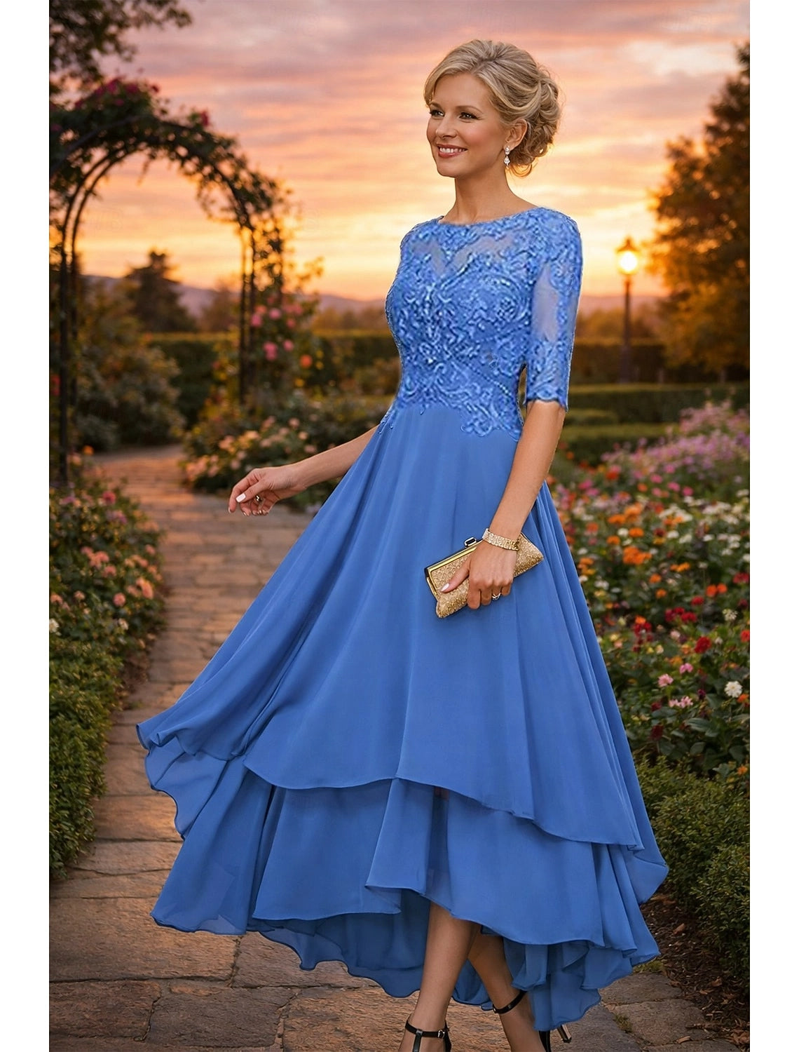 Dusty Blue A-Line Round Neck Elbow Sleeve Illusion Back High Low Mother Of The Bride Dress