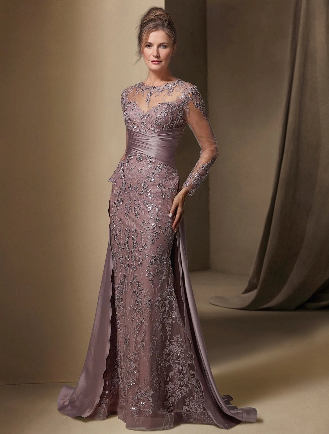 Dusty Blue Mermaid Illusion Neck Long Sleeve Keyhole Back Detachable Train Mother Of The Bride Dress