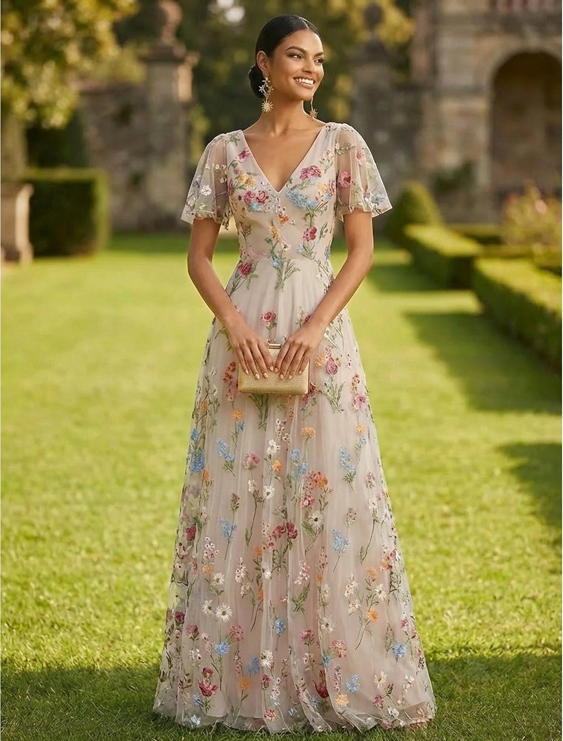 Vedress nude colorful floral embroidered a-line floor length wedding guest dress v-neck flutter sleeve tulle gown