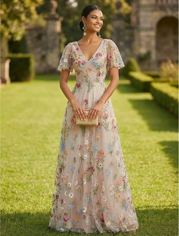 Vedress nude colorful floral embroidered a-line floor length wedding guest dress v-neck flutter sleeve tulle gown