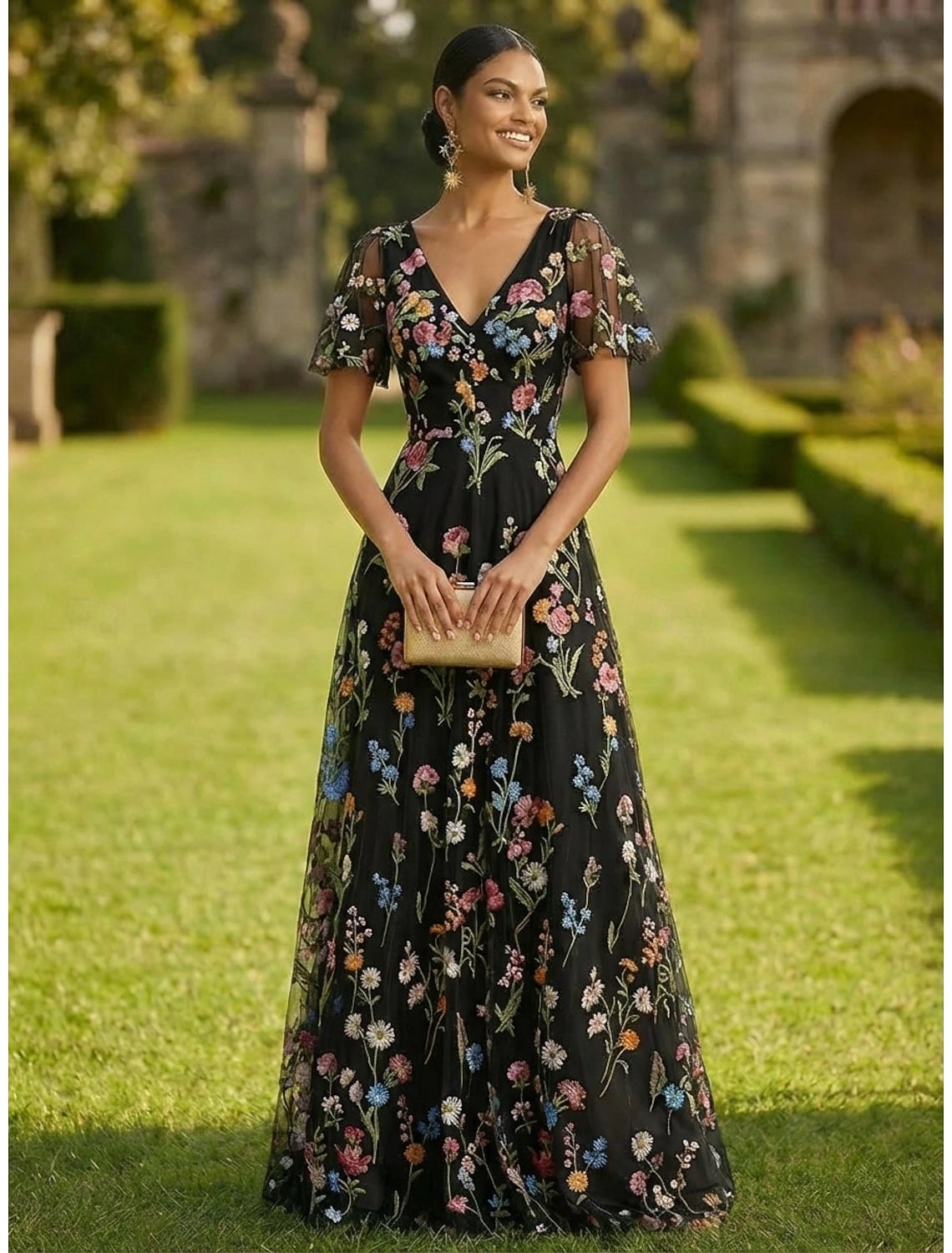 Nude A-Line V-Neck Flutter Sleeve Illusion Back Floor-Length Wedding Guest Dress