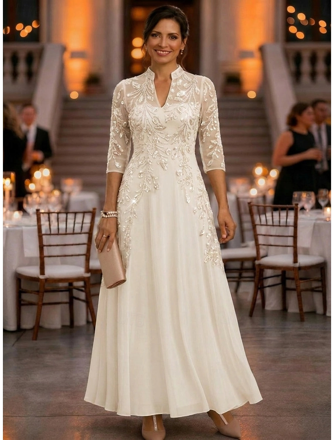 Champagne A-Line High Notch Neck Elbow Sleeve Illusion Back Floor-Length Mother Of The Bride Dress