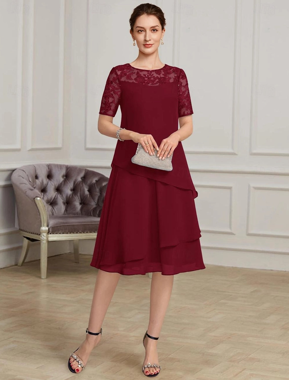 Navy Blue A-Line Round Neck Short Sleeve Illusion Back Midi Mother Of The Bride Dress