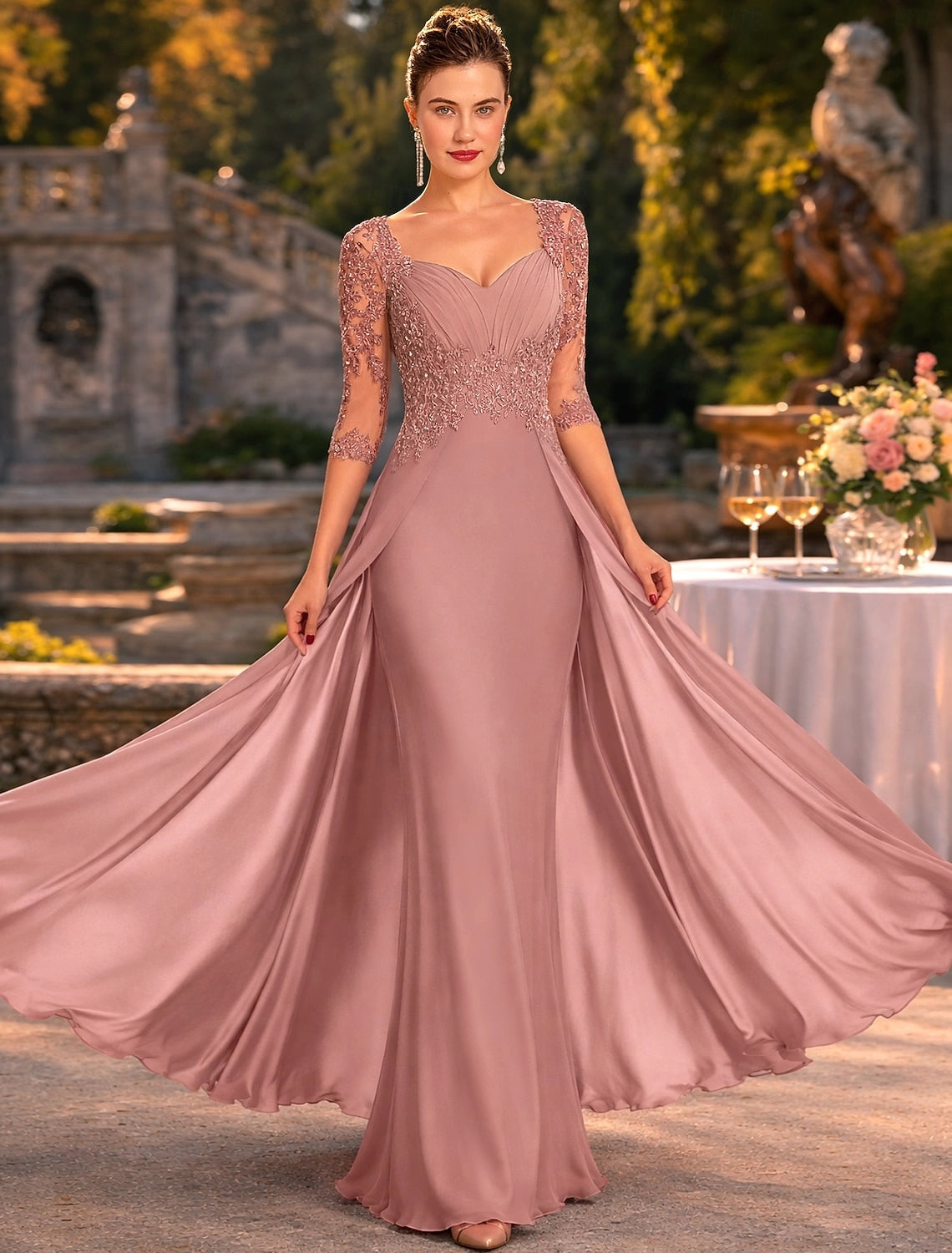Dusty Rose Mermaid V-Neck Elbow Sleeve Illusion Back Floor-Length Mother Of The Bride Dress