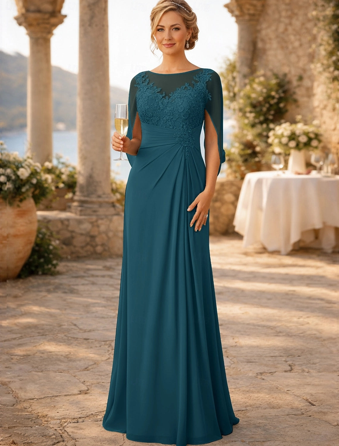 Navy Blue Sheath Bateau Neck Cape Sleeve Illusion Back Floor-Length Mother Of The Bride Dress