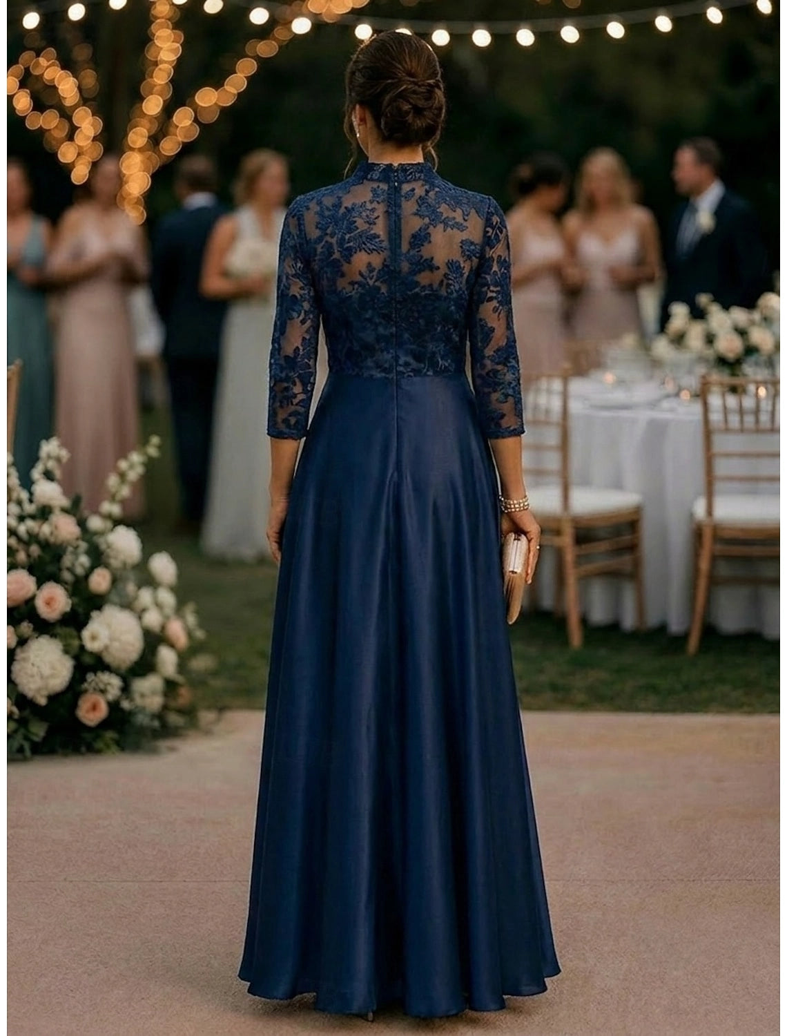 Navy A-Line High Neck 3/4 Sleeve Lace Back Floor Length Mother Of The Bride Dress