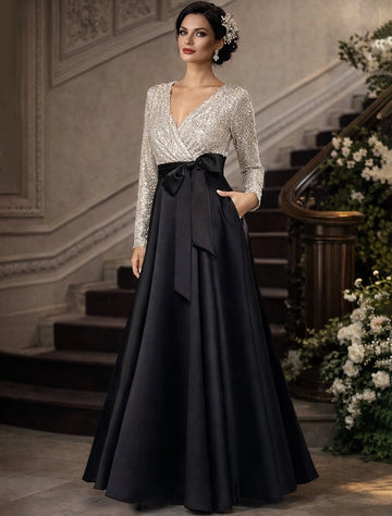 Two Tone A-Line V Neck Long Sleeve Round Back Floor Length Mother Of The Bride Dress