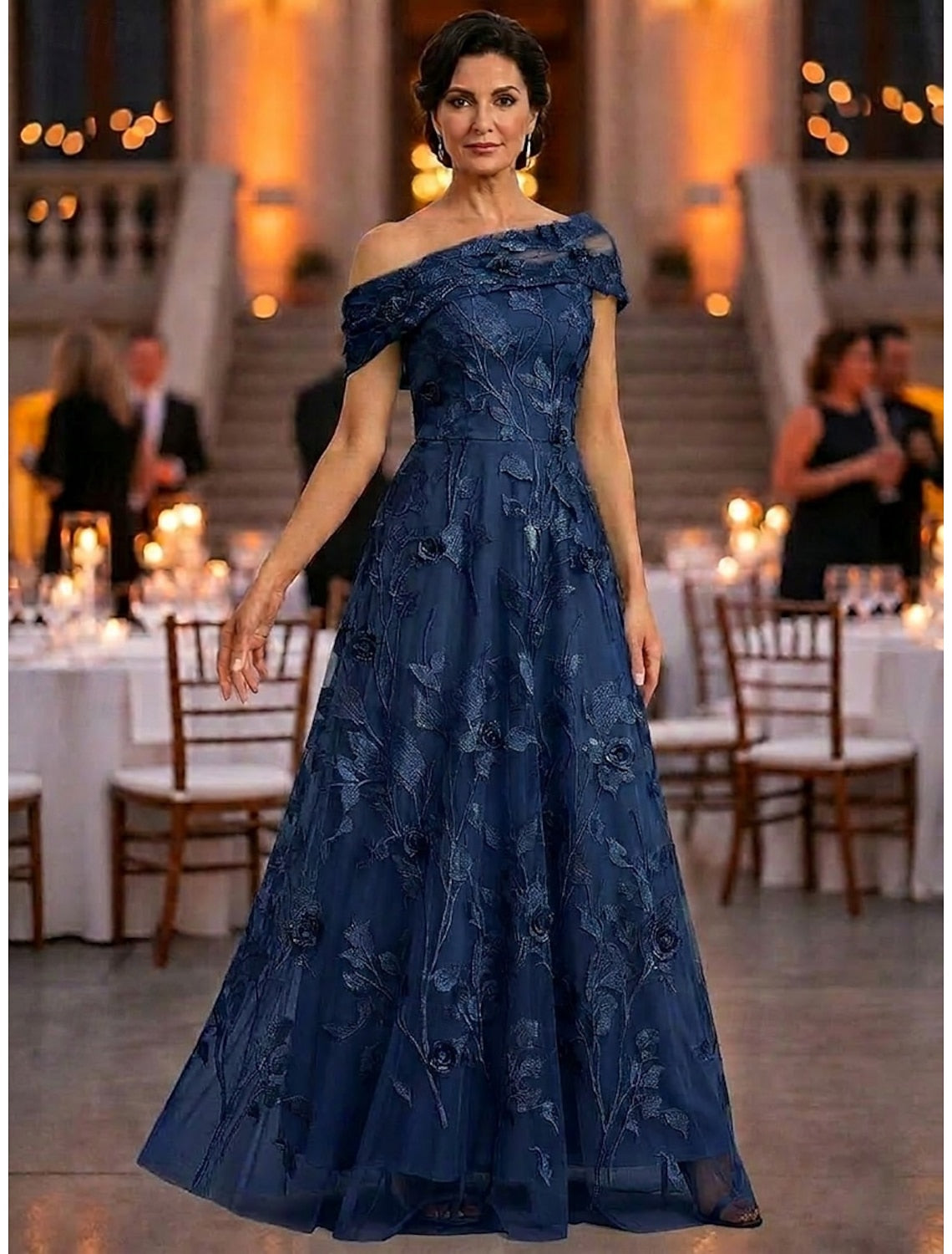 Elegant A‑Line Off‑The‑Shoulder Short‑Sleeve Zip‑Back Long Mother‑Of‑Bride gown