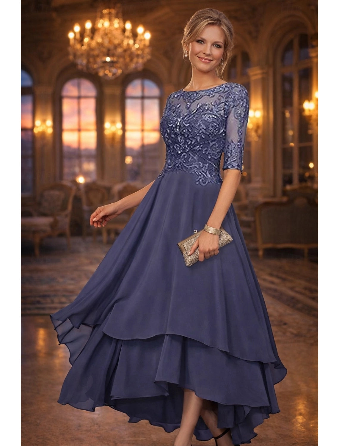 Dusty Blue A-Line Round Neck Elbow Sleeve Illusion Back High Low Mother Of The Bride Dress