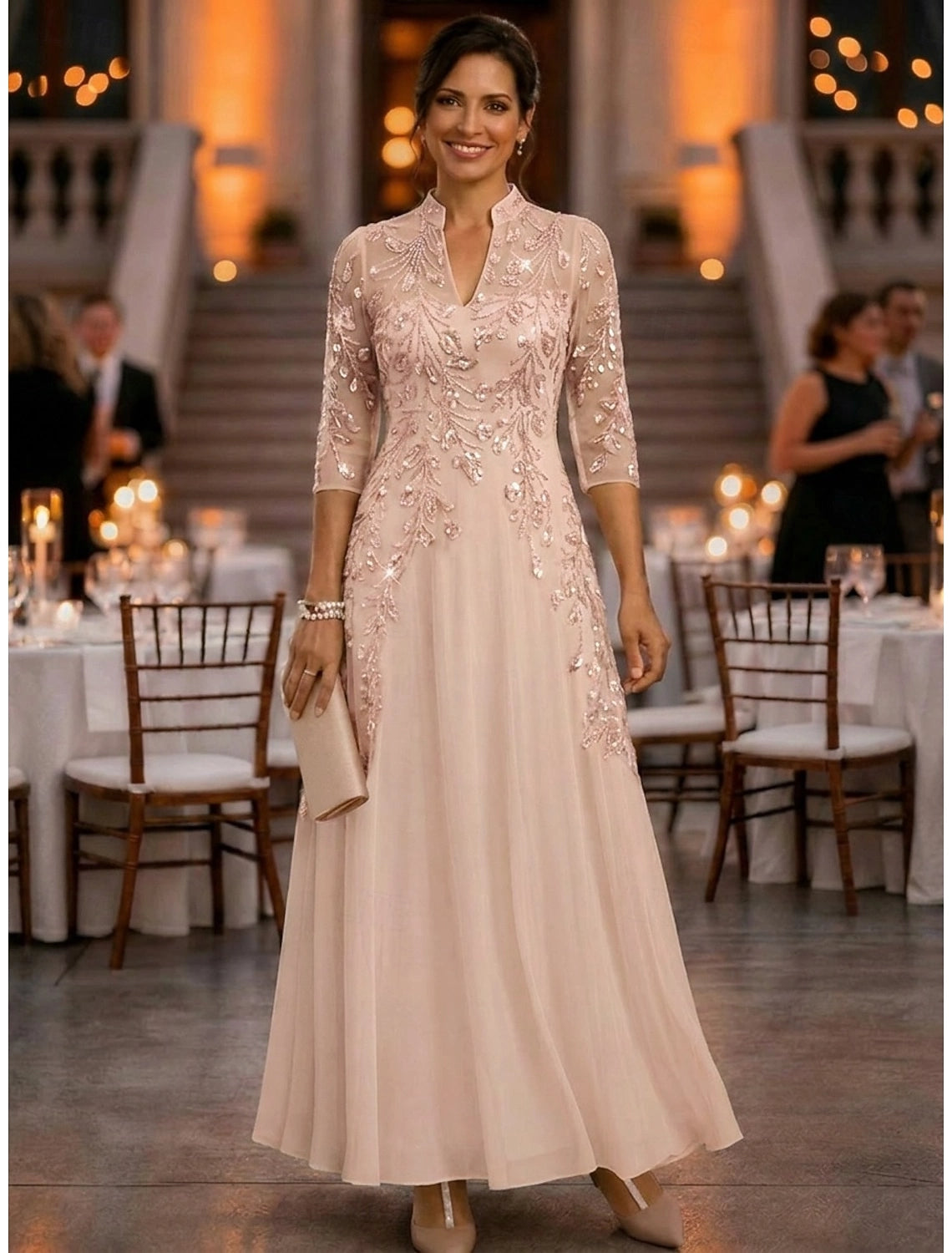 Champagne A-Line High Notch Neck Elbow Sleeve Illusion Back Floor-Length Mother Of The Bride Dress