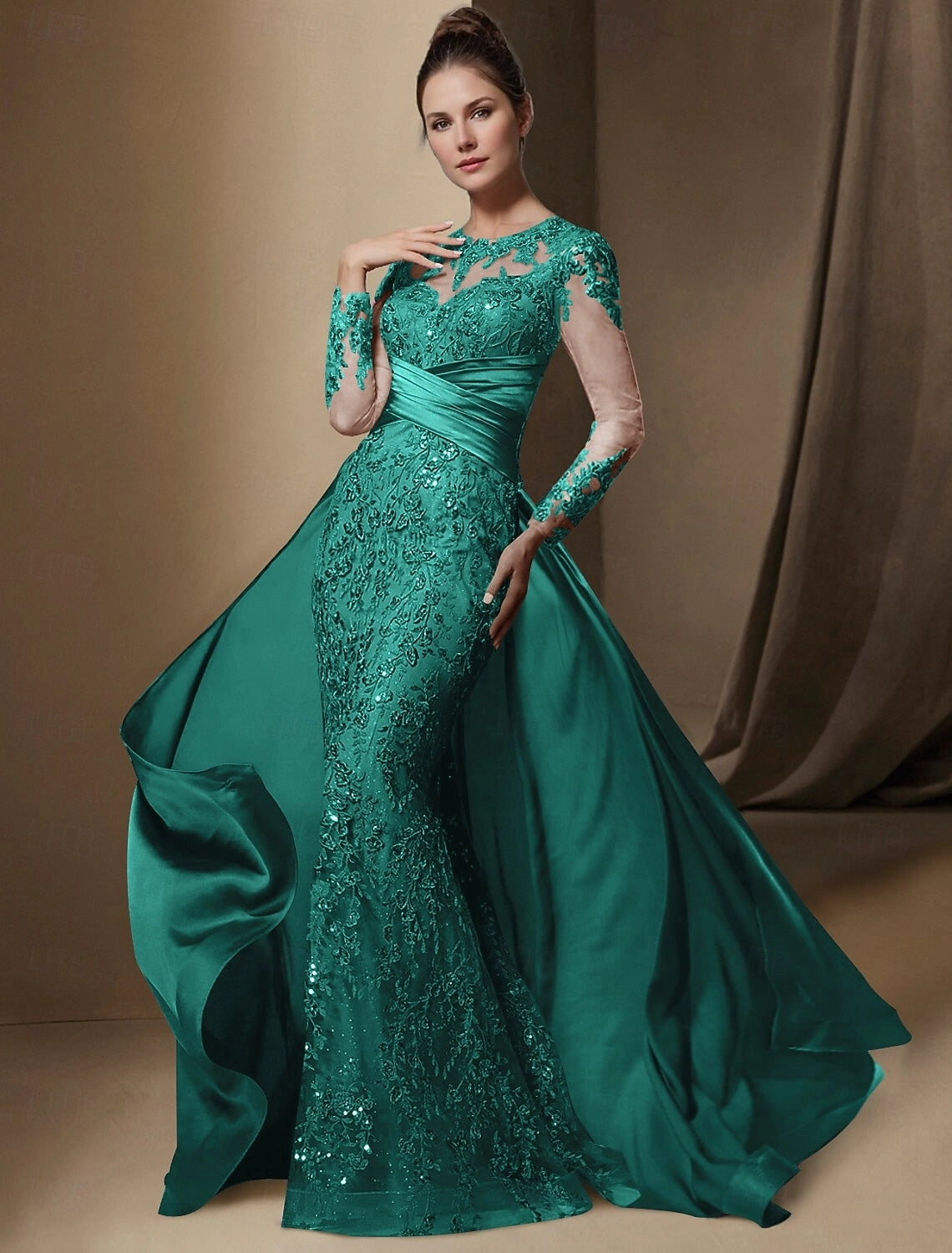 Dusty Blue Mermaid Illusion Neck Long Sleeve Keyhole Back Detachable Train Mother Of The Bride Dress