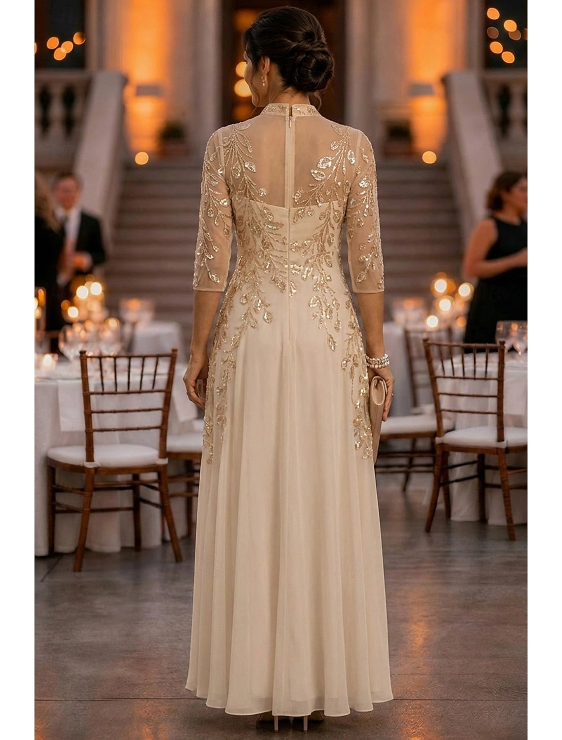 Champagne A-Line High Notch Neck Elbow Sleeve Illusion Back Floor-Length Mother Of The Bride Dress
