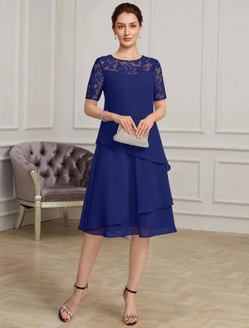 Navy Blue A-Line Round Neck Short Sleeve Illusion Back Midi Mother Of The Bride Dress