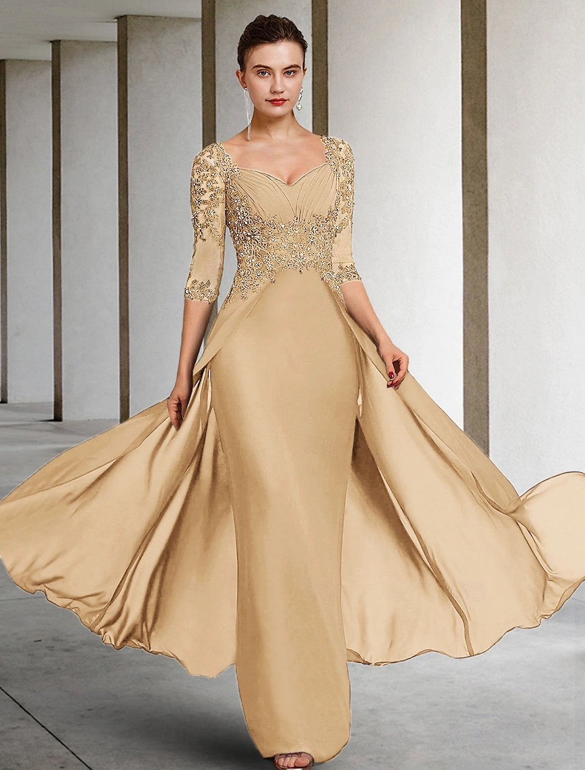 Dusty Rose Mermaid V-Neck Elbow Sleeve Illusion Back Floor-Length Mother Of The Bride Dress