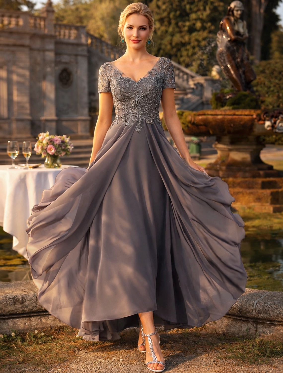 Light Blue A-Line V-Neck Short Sleeve Illusion Back High Low Mother Of The Bride Dress