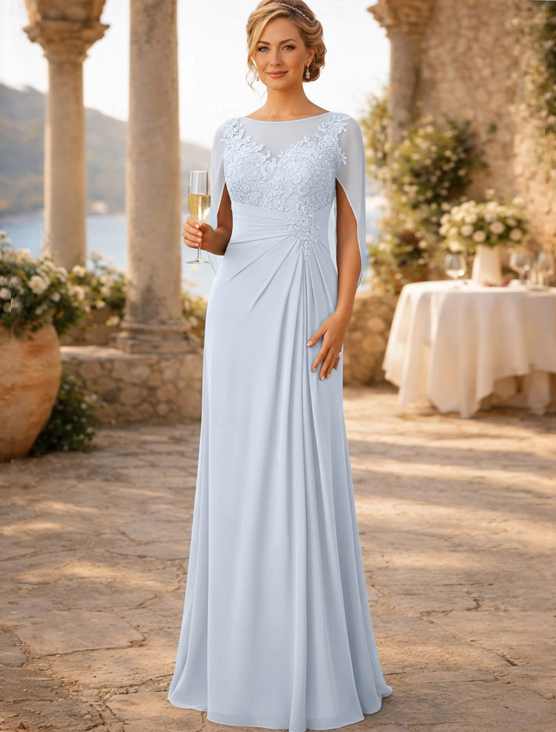 Navy Blue Sheath Bateau Neck Cape Sleeve Illusion Back Floor-Length Mother Of The Bride Dress