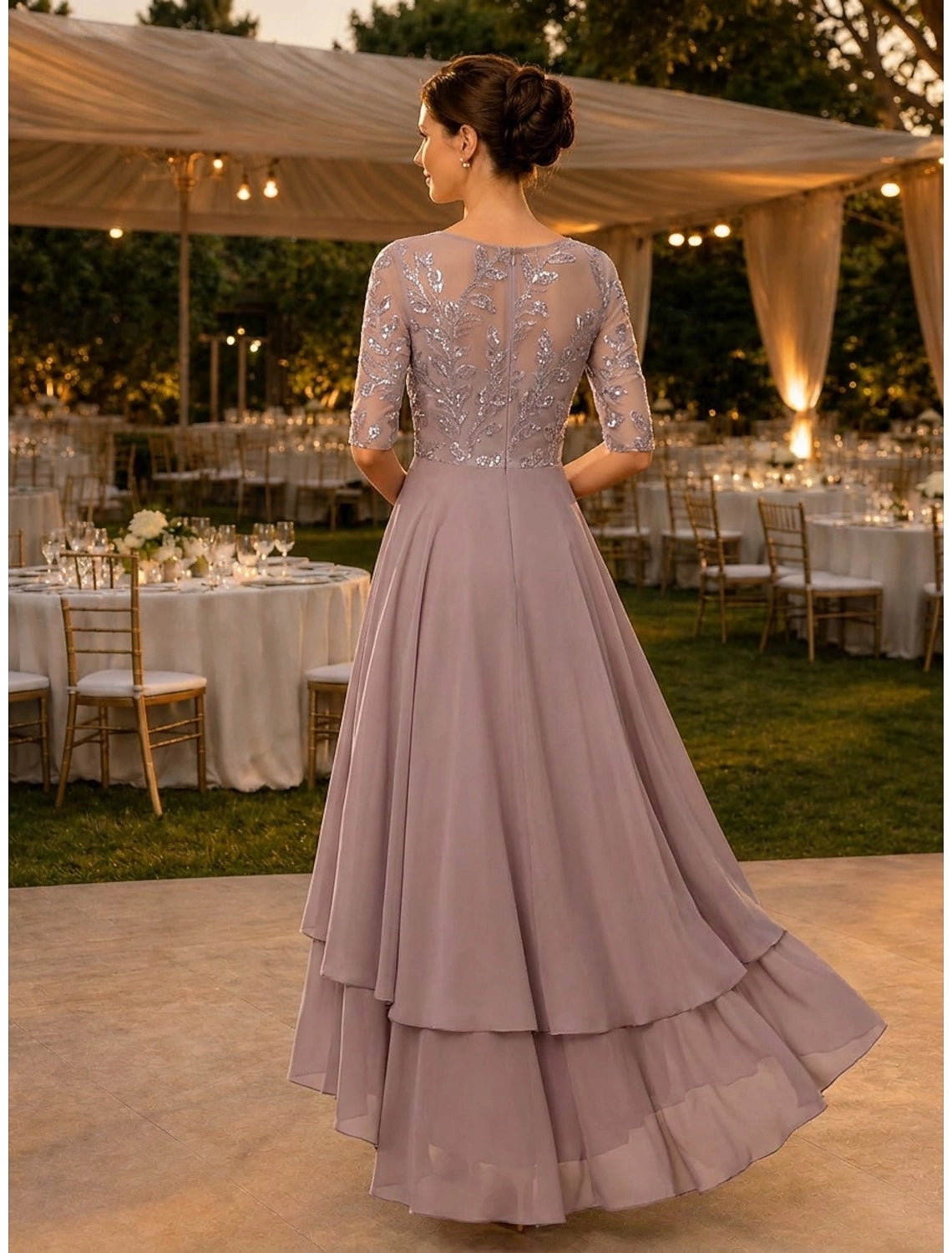 Dusty Lilac A-Line Round Neck Elbow Sleeve Illusion Back High Low Mother Of The Bride Dress