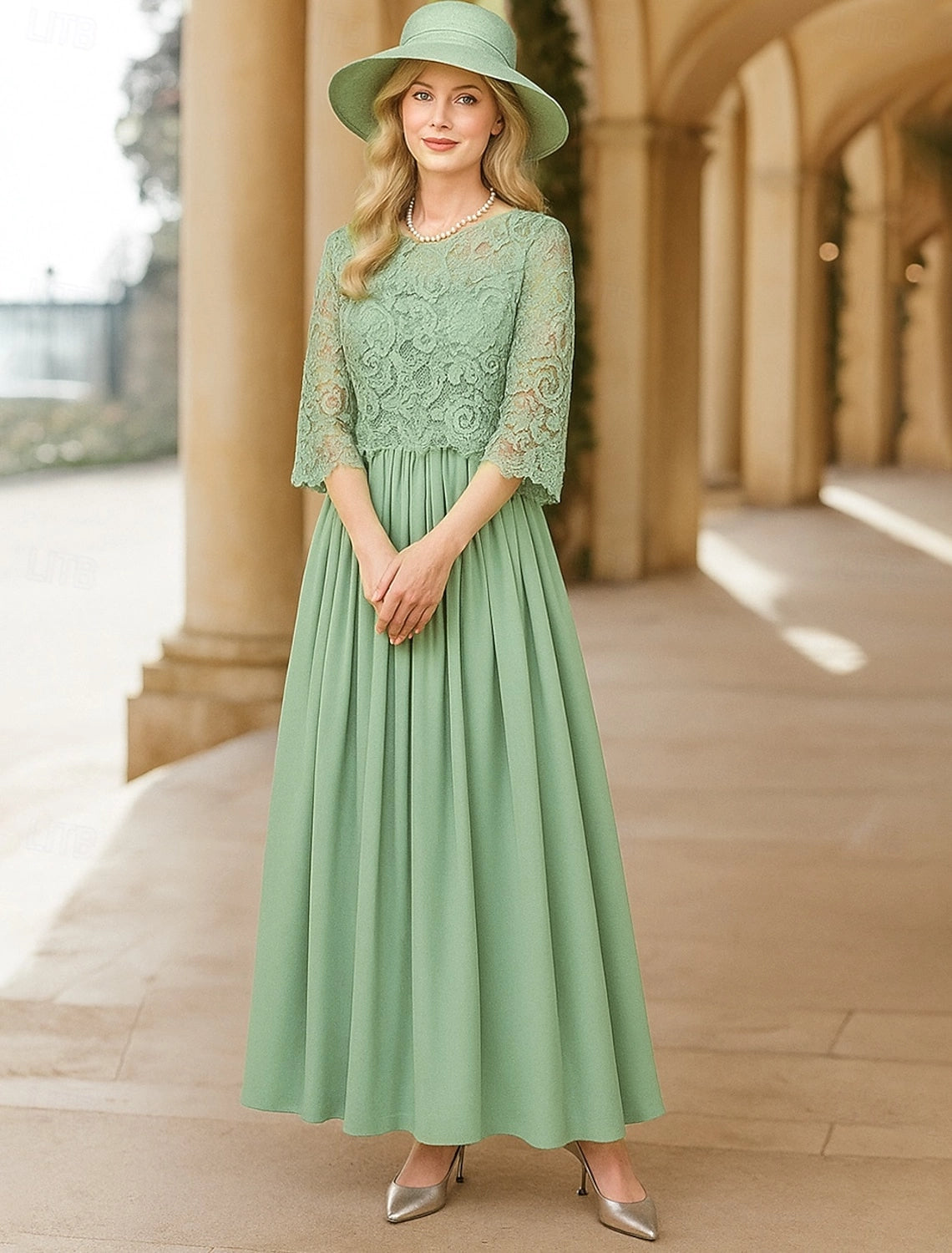 Classic A-Line Round Neck 3/4 Sleeve Tie Back Floor Length Mother Of The Bride Dress