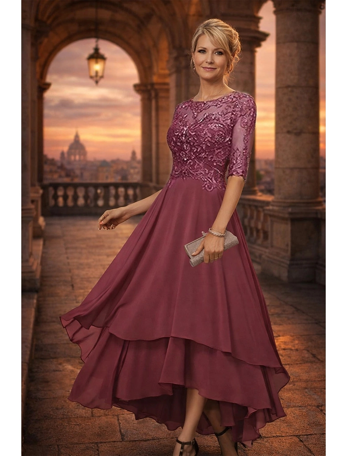 Dusty Blue A-Line Round Neck Elbow Sleeve Illusion Back High Low Mother Of The Bride Dress