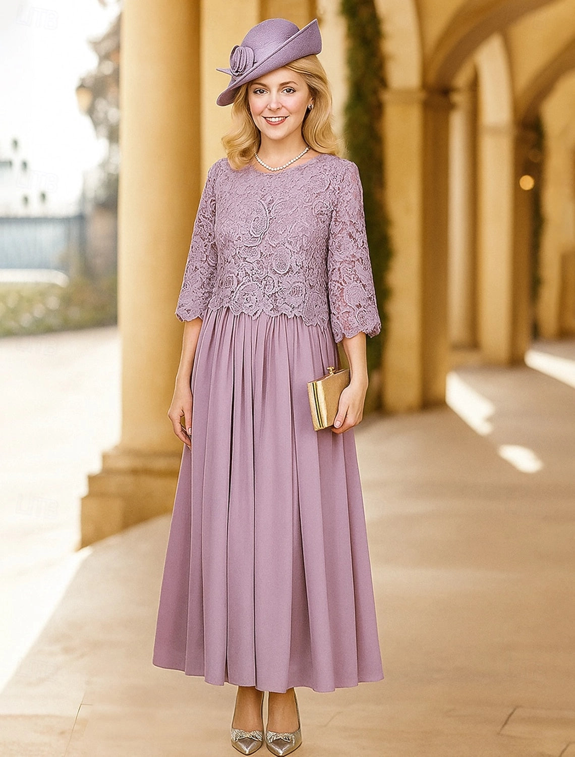 Classic A-Line Round Neck 3/4 Sleeve Tie Back Floor Length Mother Of The Bride Dress
