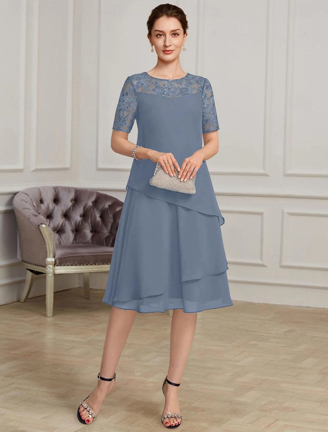 Navy Blue A-Line Round Neck Short Sleeve Illusion Back Midi Mother Of The Bride Dress
