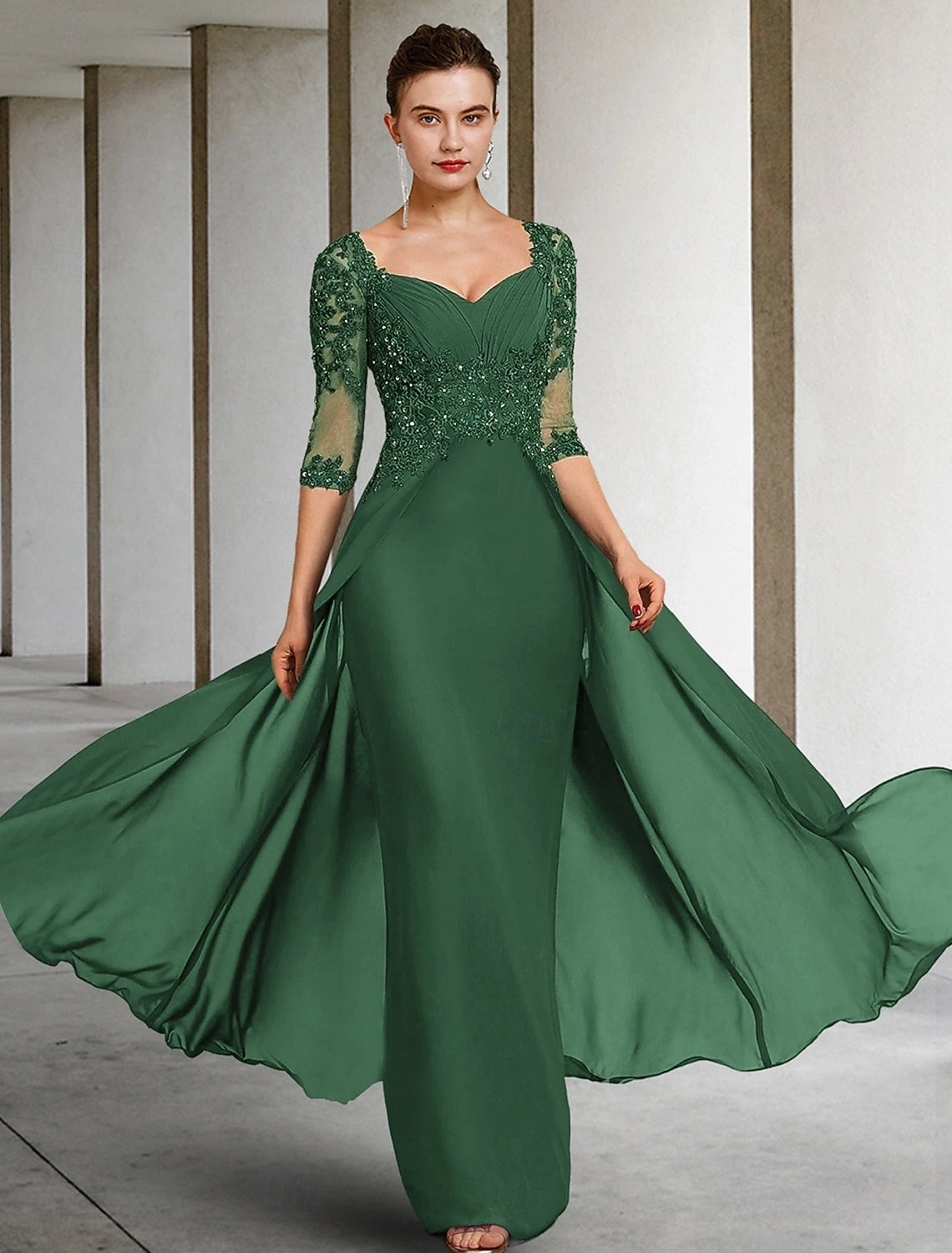 Dusty Rose Mermaid V-Neck Elbow Sleeve Illusion Back Floor-Length Mother Of The Bride Dress