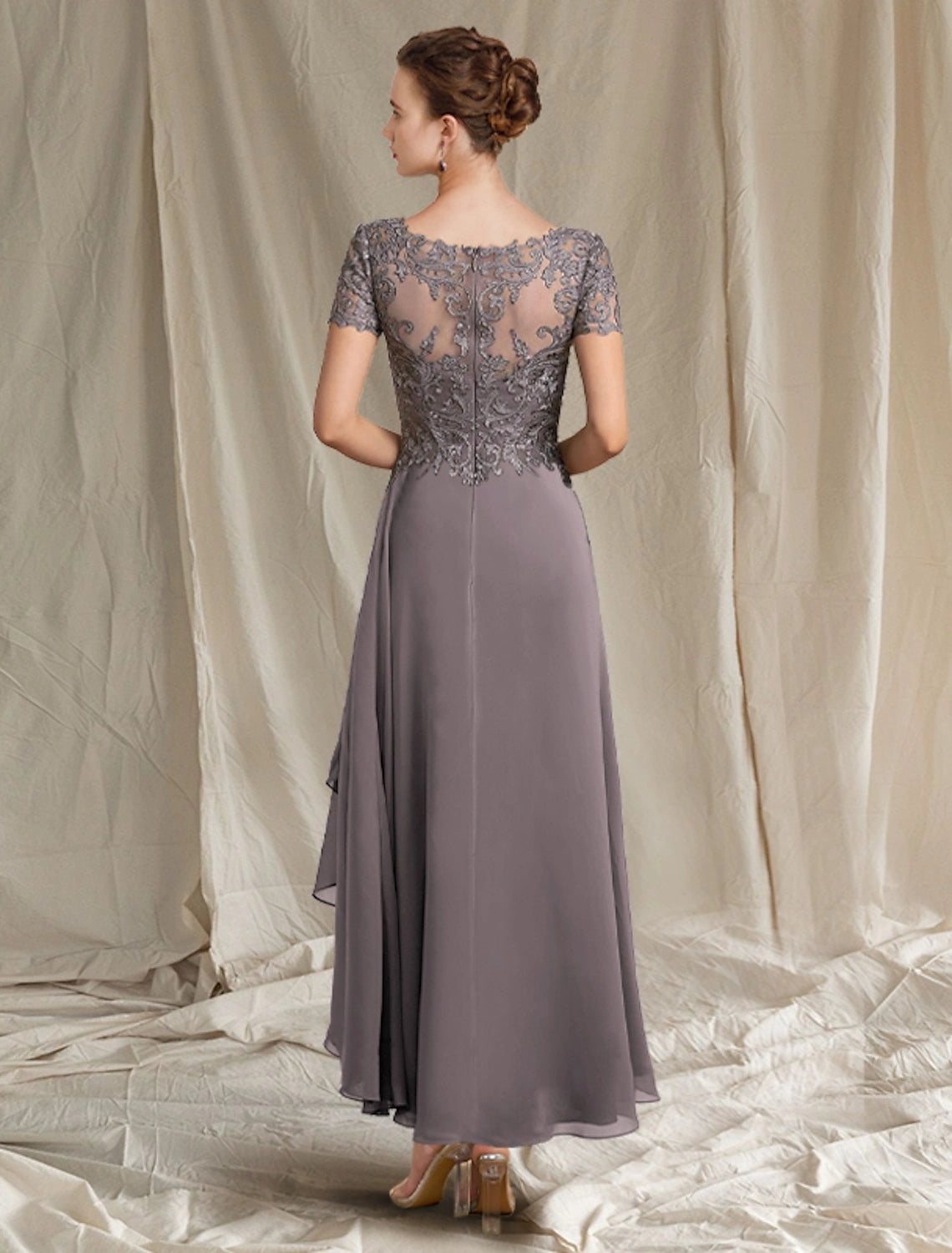 Light Blue A-Line V-Neck Short Sleeve Illusion Back High Low Mother Of The Bride Dress