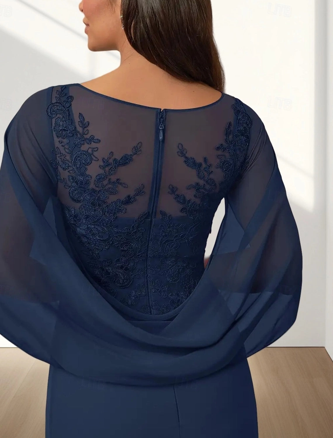 Navy Blue Sheath Bateau Neck Cape Sleeve Illusion Back Floor-Length Mother Of The Bride Dress