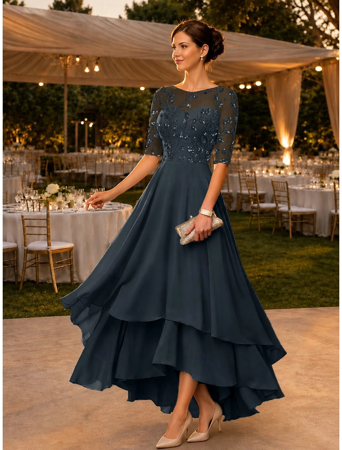 Dusty Lilac A-Line Round Neck Elbow Sleeve Illusion Back High Low Mother Of The Bride Dress