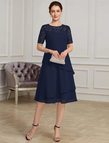Navy Blue A-Line Round Neck Short Sleeve Illusion Back Midi Mother Of The Bride Dress