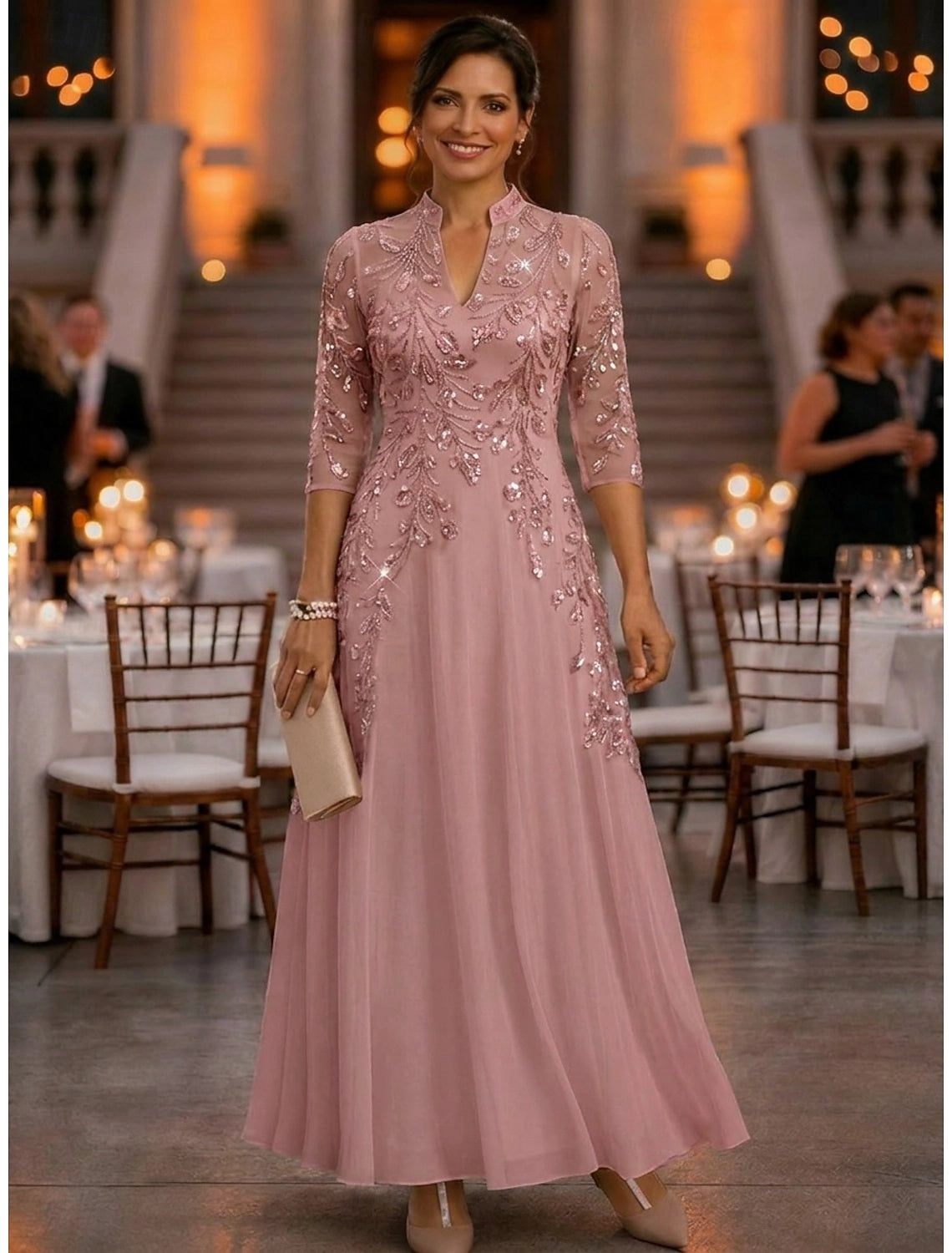 Champagne A-Line High Notch Neck Elbow Sleeve Illusion Back Floor-Length Mother Of The Bride Dress
