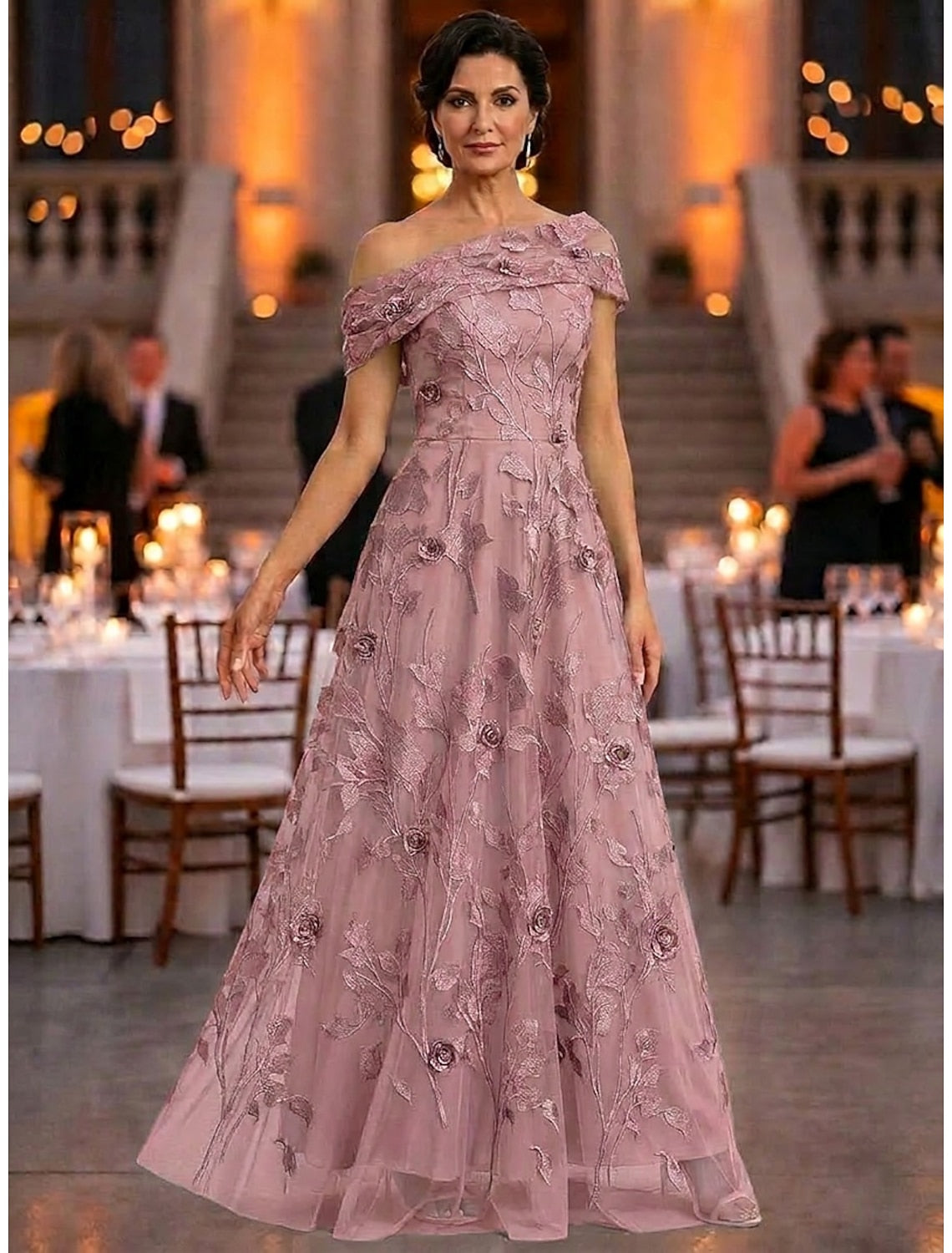 Elegant A‑Line Off‑The‑Shoulder Short‑Sleeve Zip‑Back Long Mother‑Of‑Bride gown