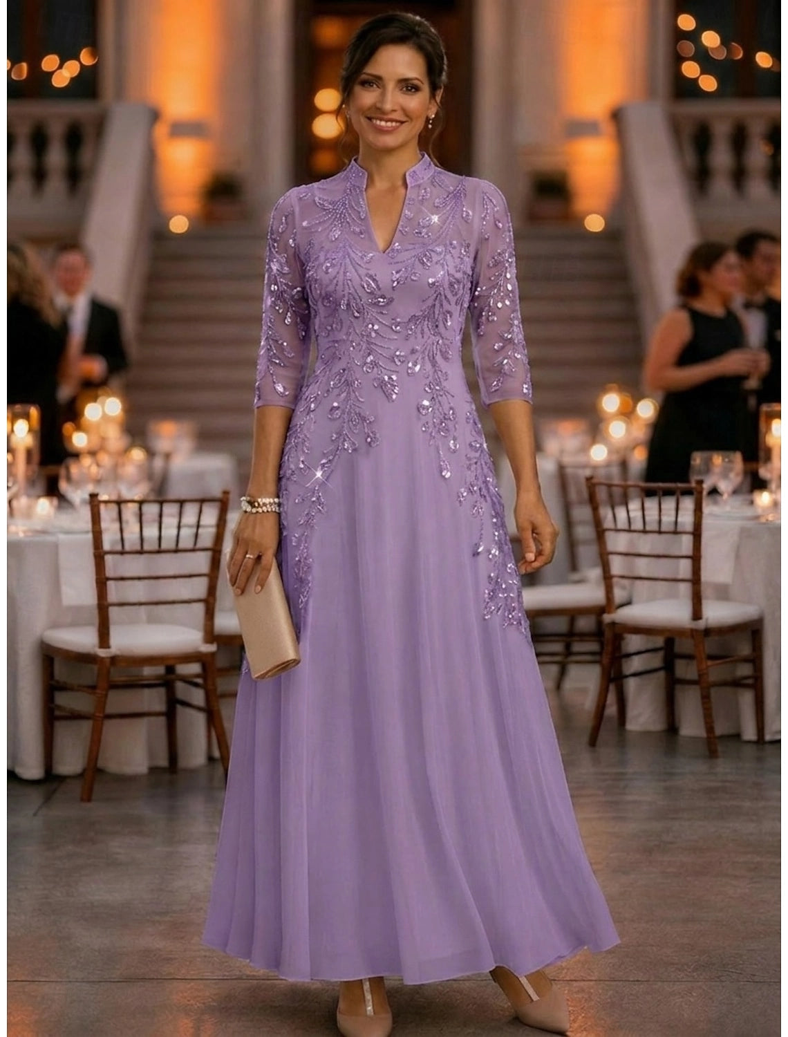 Champagne A-Line High Notch Neck Elbow Sleeve Illusion Back Floor-Length Mother Of The Bride Dress