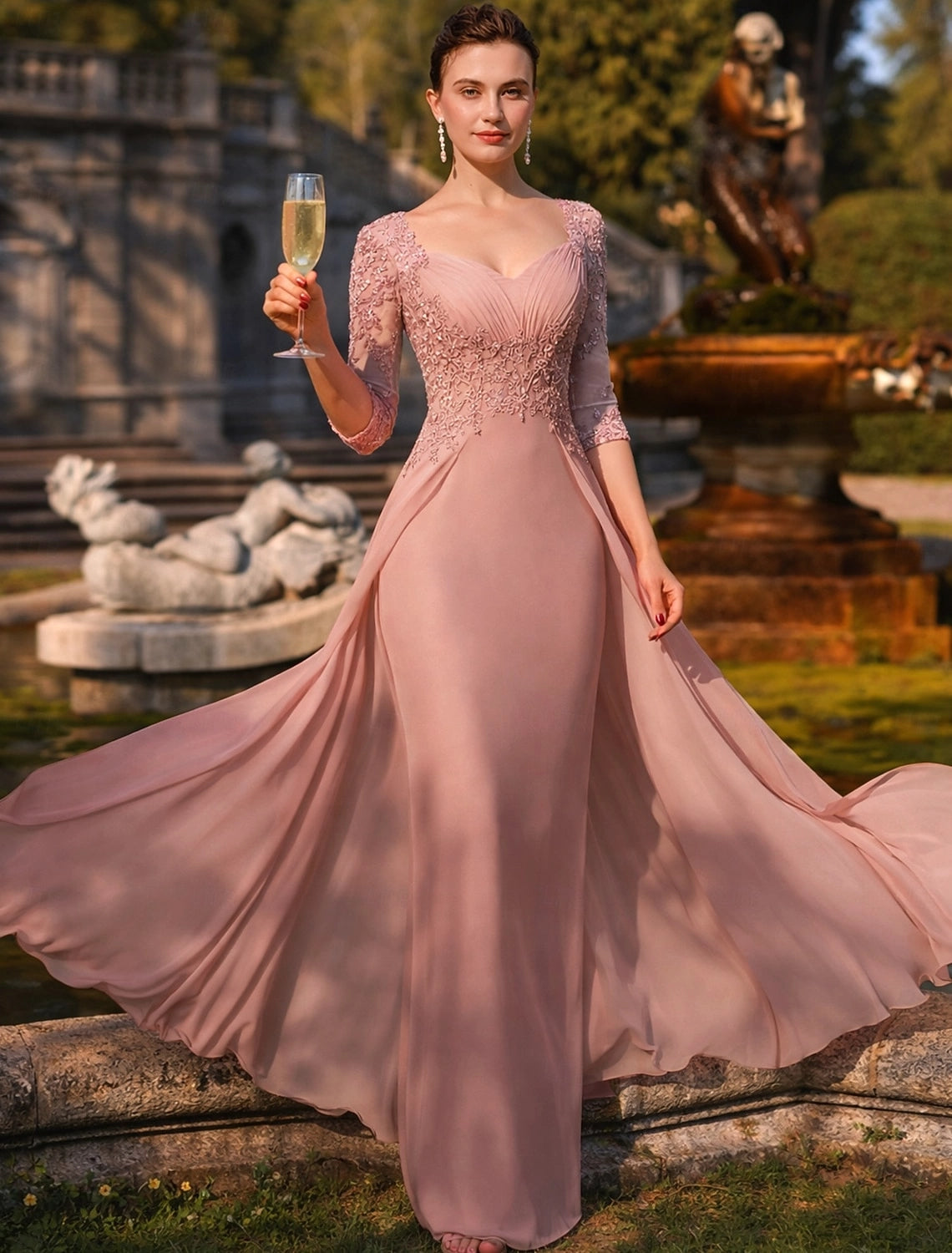 Dusty Rose Mermaid V-Neck Elbow Sleeve Illusion Back Floor-Length Mother Of The Bride Dress