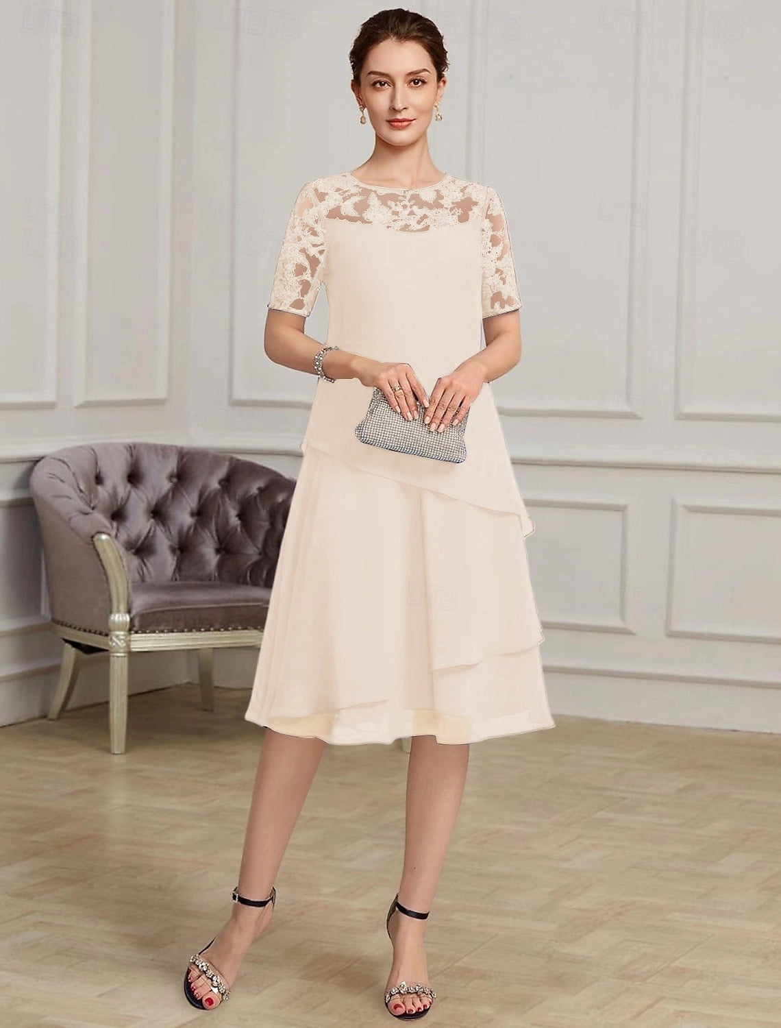 Navy Blue A-Line Round Neck Short Sleeve Illusion Back Midi Mother Of The Bride Dress