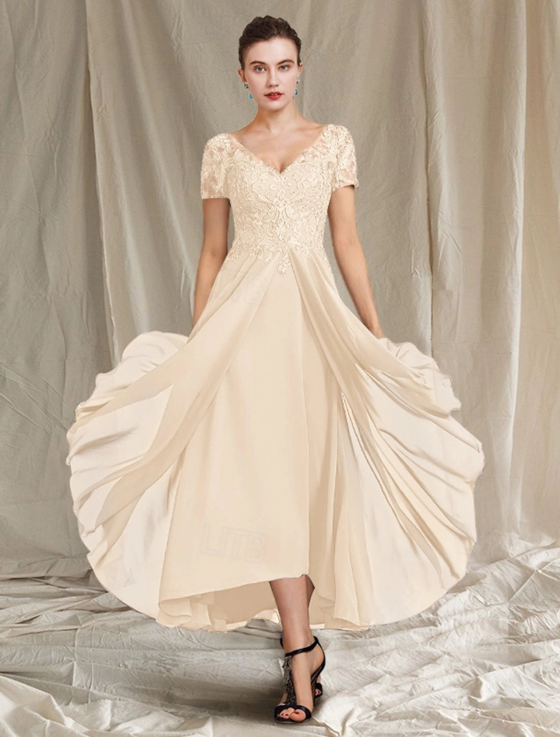 Light Blue A-Line V-Neck Short Sleeve Illusion Back High Low Mother Of The Bride Dress