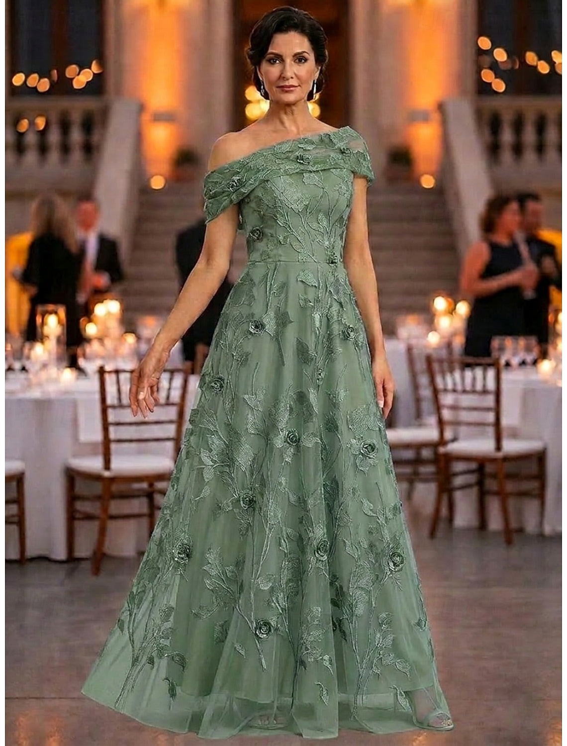 Elegant A‑Line Off‑The‑Shoulder Short‑Sleeve Zip‑Back Long Mother‑Of‑Bride gown