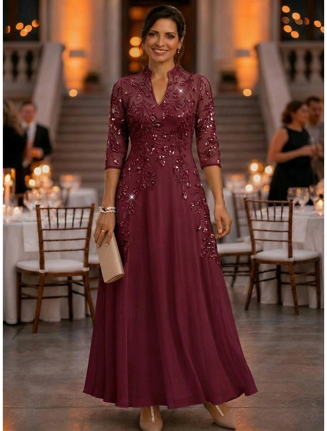 Champagne A-Line High Notch Neck Elbow Sleeve Illusion Back Floor-Length Mother Of The Bride Dress