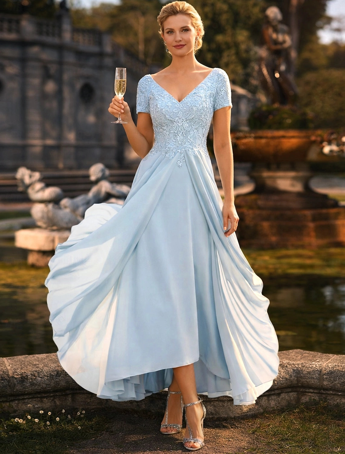 Light Blue A-Line V-Neck Short Sleeve Illusion Back High Low Mother Of The Bride Dress
