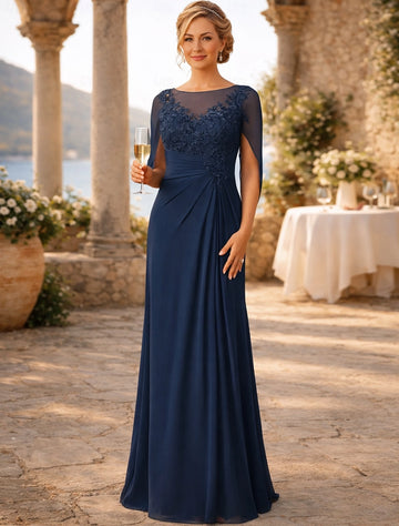 Vedress navy blue lace sheath floor length mother of the bride dress bateau neck cape sleeve chiffon gown