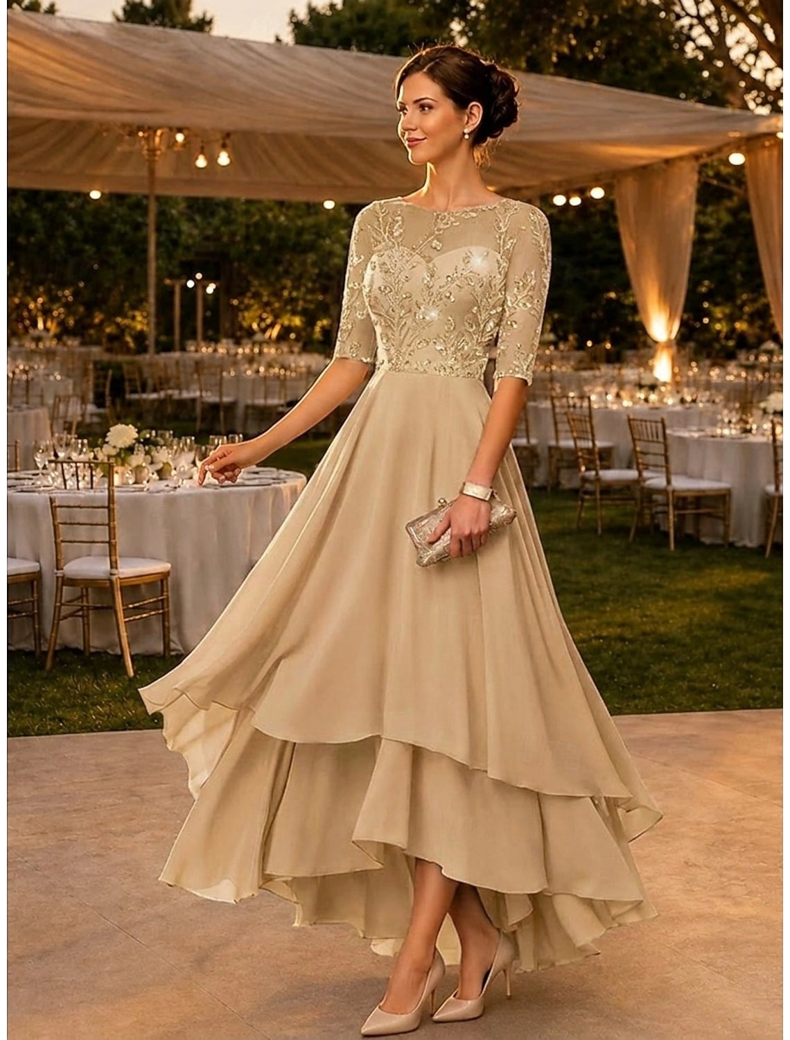 Dusty Lilac A-Line Round Neck Elbow Sleeve Illusion Back High Low Mother Of The Bride Dress